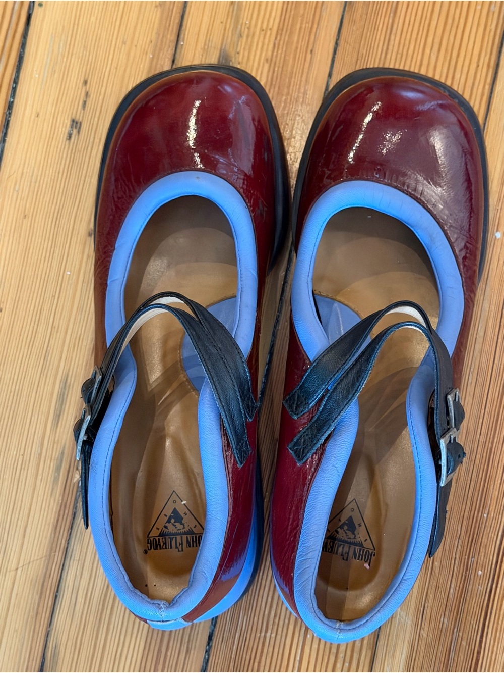 John Fluevog Burgundy Mary Janes with Light Blue Trim